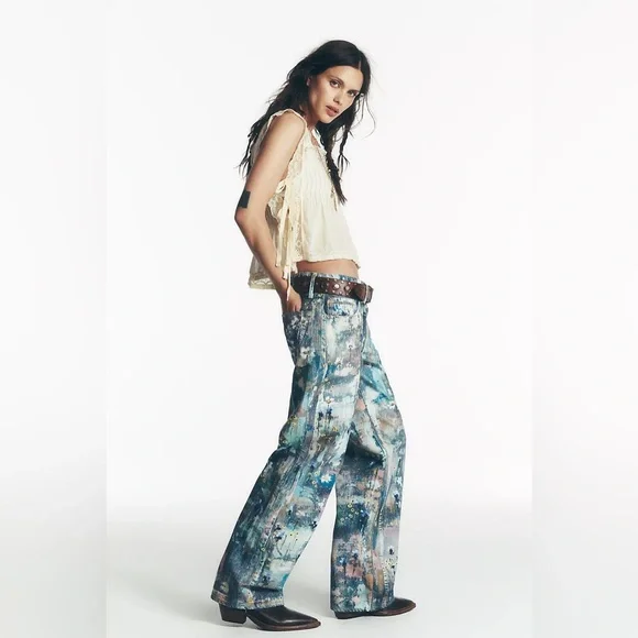 678. FREE PEOPLE  Tennessee Low-Rise Illusions Jeans in Floral Canvas NWT $198 - Picture 3 of 12